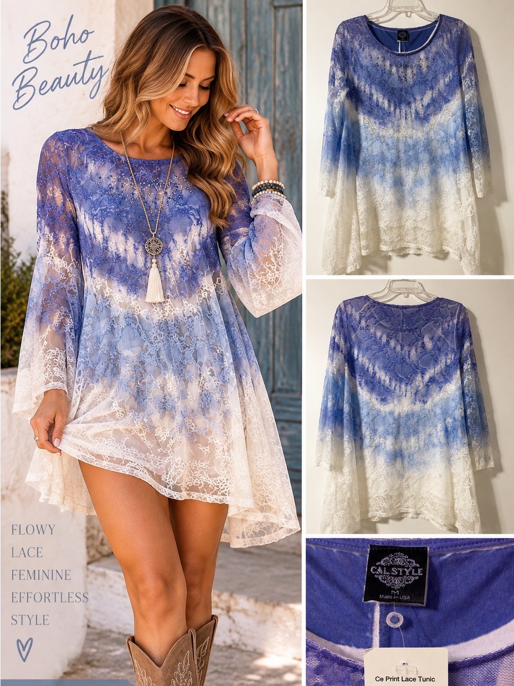 Cal Style M Blue White Ombré Lace Rhinestone Boho Tunic Made USA